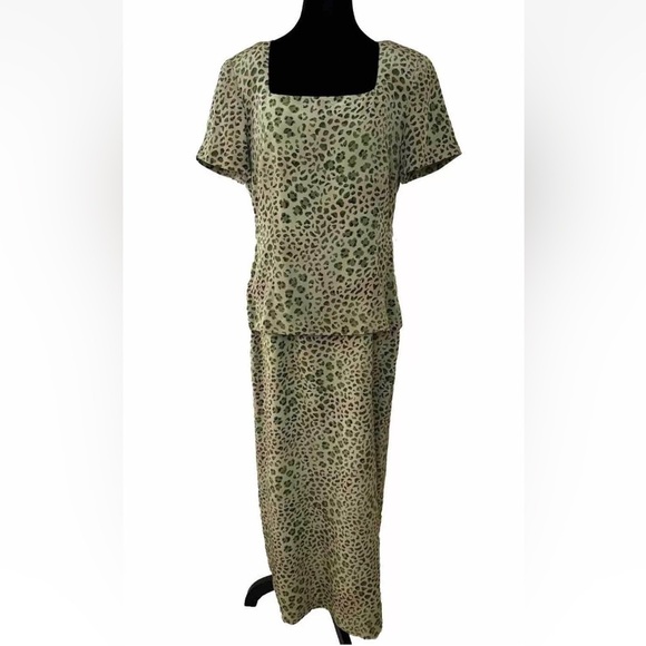 Vintage Spenser Jeremy 100% Silk Maxi Dress Sz 12 Green Leopard Print Mob Wife - Picture 1 of 10